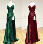 Elegant Black Spaghetti Straps Prom Dress Satin Sheath Long Prom Dresses With Slits