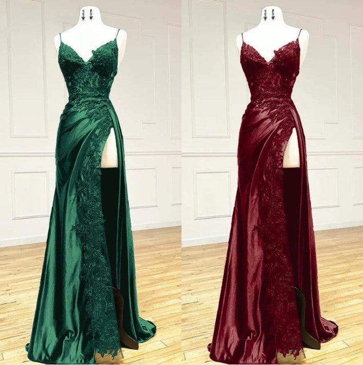 Elegant Black Spaghetti Straps Prom Dress Satin Sheath Long Prom Dresses With Slits