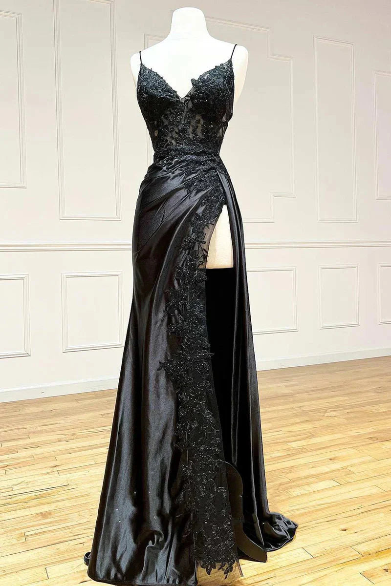 Elegant Black Spaghetti Straps Prom Dress Satin Sheath Long Prom Dresses With Slits Main image