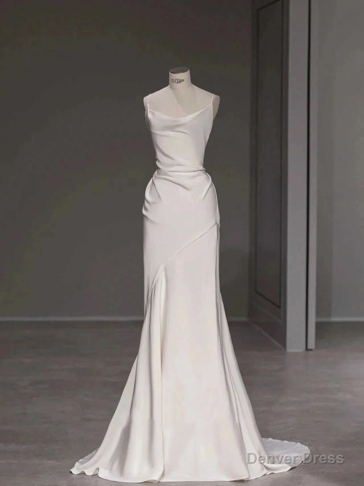 Elegant Spaghetti Straps Sheath Simple Silk Satin Wedding Dresses Floor Length