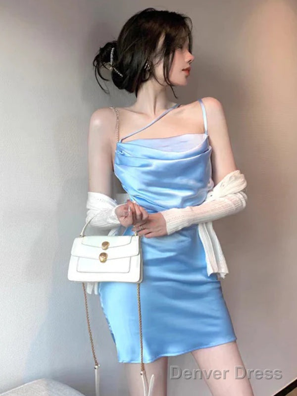Elegant Spaghetti Straps Straight Neck Mermaid Short Blue Homecoming Dresses Online, Main image