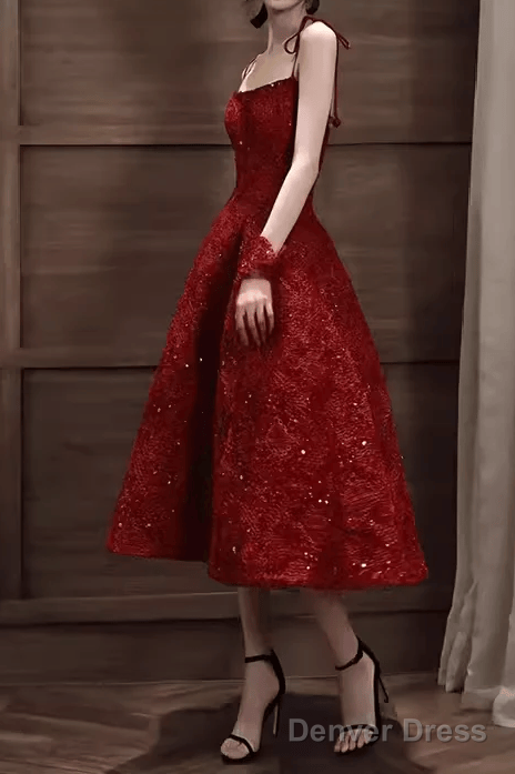 Elegant Spaghetti Straps Vintage Lace Red Dress Women Birthday Outfits