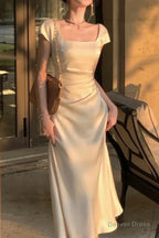 Elegant Square Neck Long Prom Dress Beige Satin Mermiad Prom Dresses