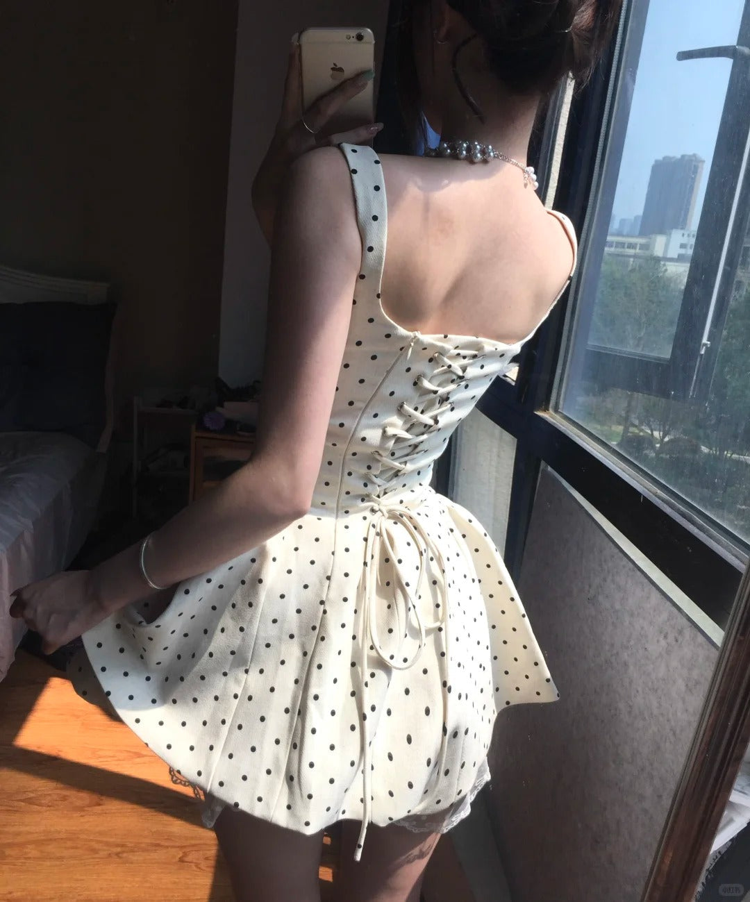 Elegant Square Neck Polka Dot Straps Back Tie Mini Homecoming Dresses