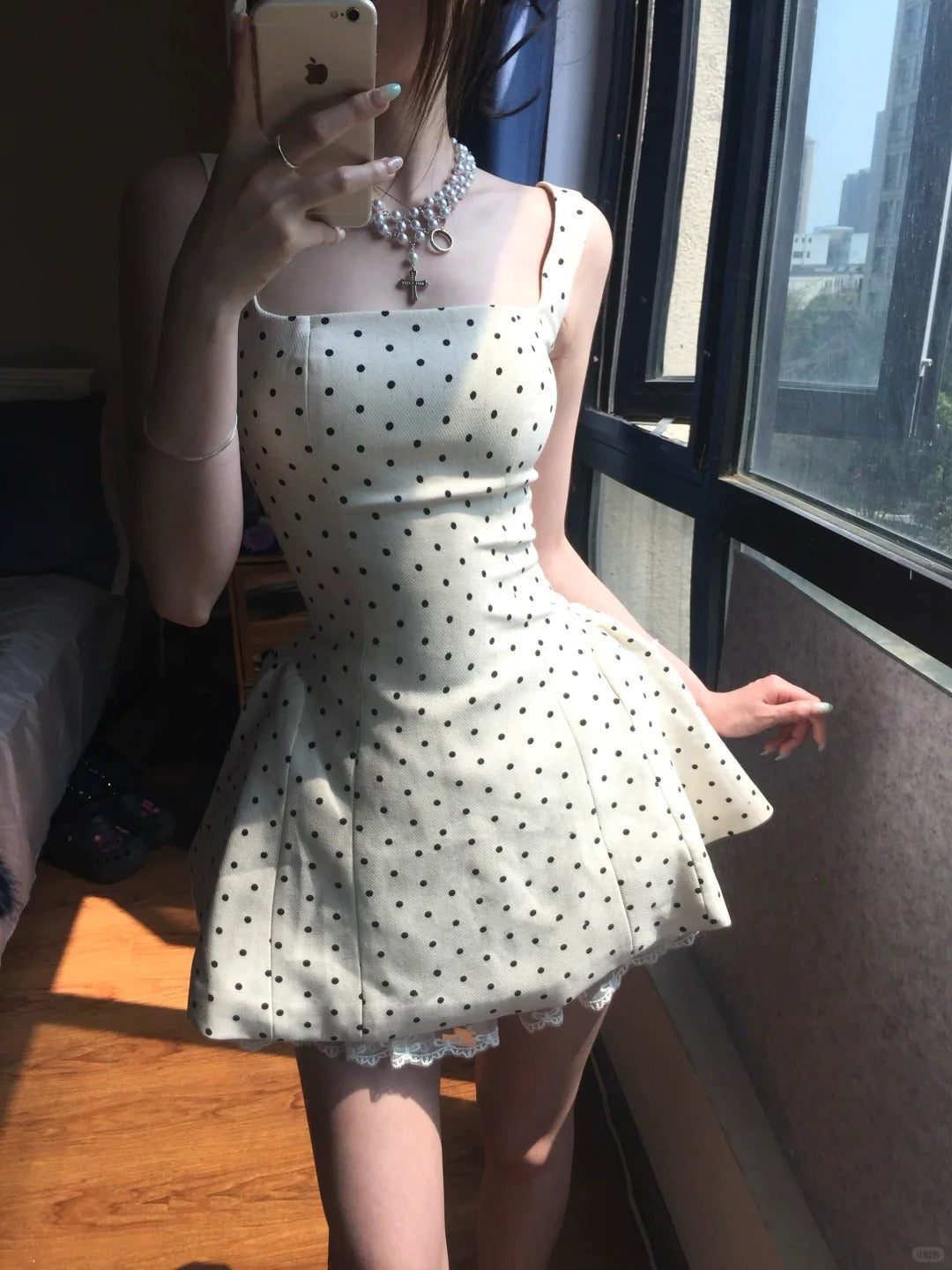 Elegant Square Neck Polka Dot Straps Back Tie Mini Homecoming Dresses
