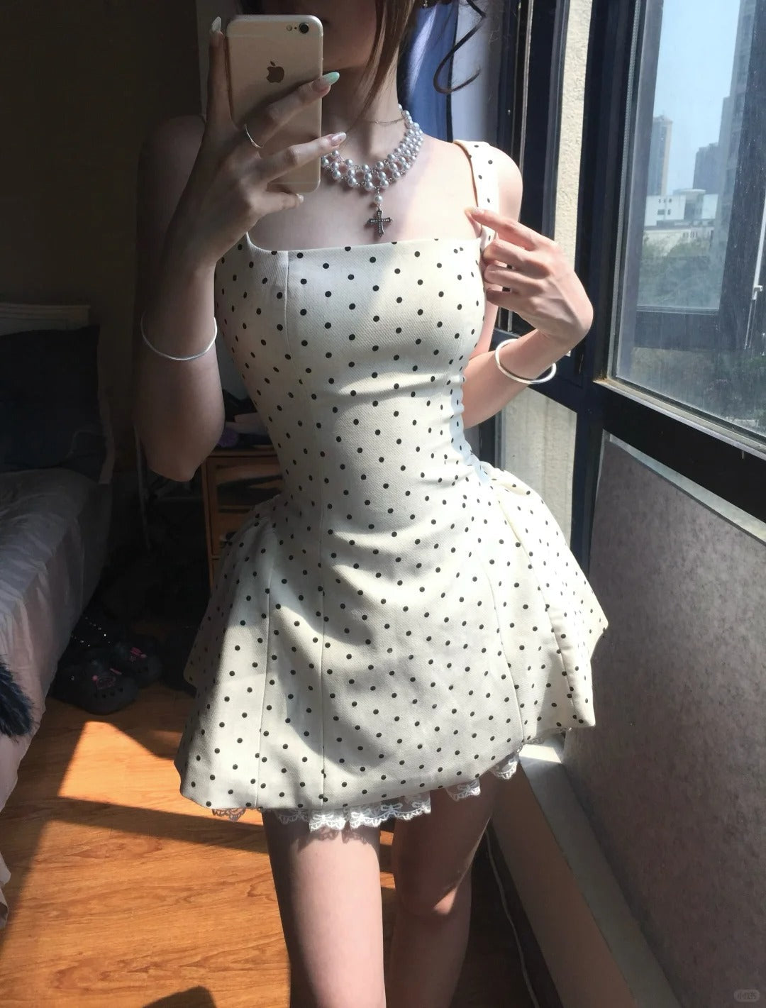 Elegant Square Neck Polka Dot Straps Back Tie Mini Homecoming Dresses Main image