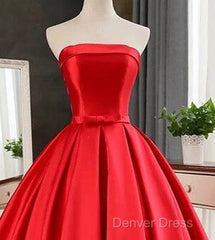 Elegant Strapless Ball Gown Red Prom Dresses With Bow