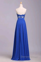 Elegant Strapless Chiffon Evening Lace Appliques Long Prom Dresses Royal Blue