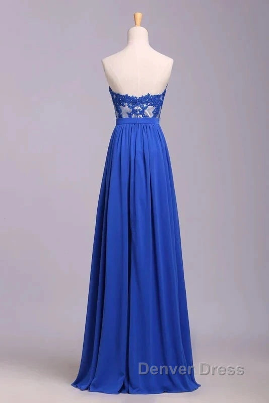 Elegant Strapless Chiffon Evening Lace Appliques Long Prom Dresses Royal Blue