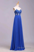 Elegant Strapless Chiffon Evening Lace Appliques Long Prom Dresses Royal Blue