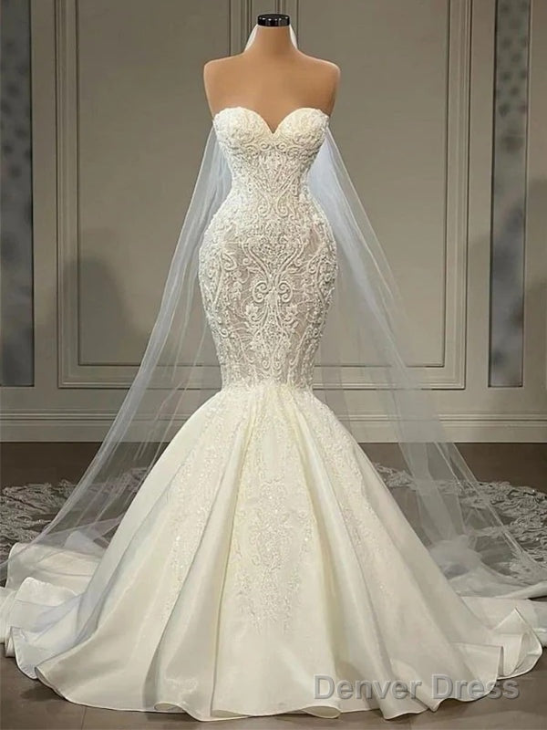 Elegant Strapless Mermaid Satin Floor Length Wedding Dress,