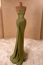 Elegant Strapless Silver Beaded Mermaid Olive Green Satin Floor Length Prom Dresses