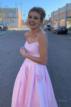 Elegant Straps A Line Pink Long Prom Dresses with Beaded Pockets