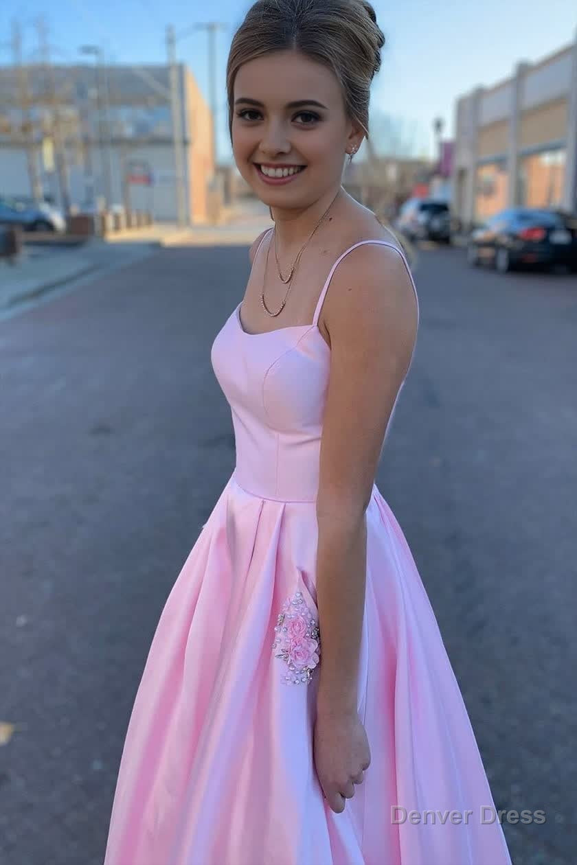 Elegant Straps A Line Pink Long Prom Dresses with Beaded Pockets