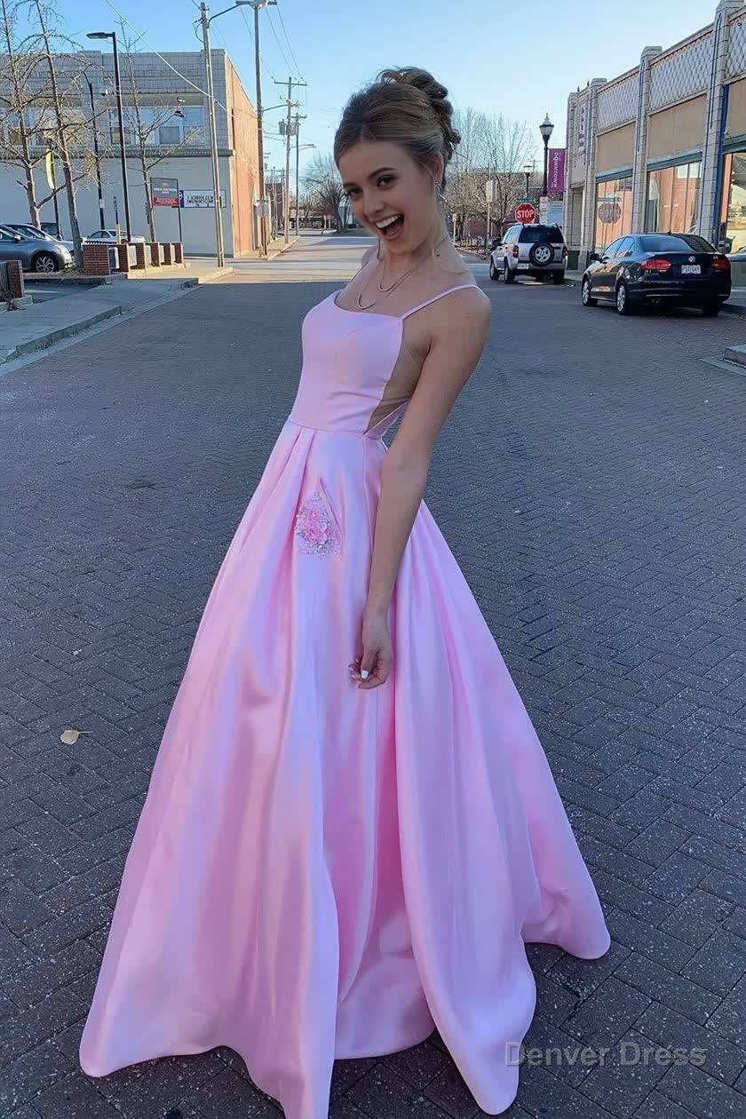Elegant Straps A Line Pink Long Prom Dresses with Beaded Pockets Main image