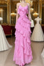Elegant Straps Sheath Chiffon Formal Prom Dresses Pink Ruffles Long Party Dresses
