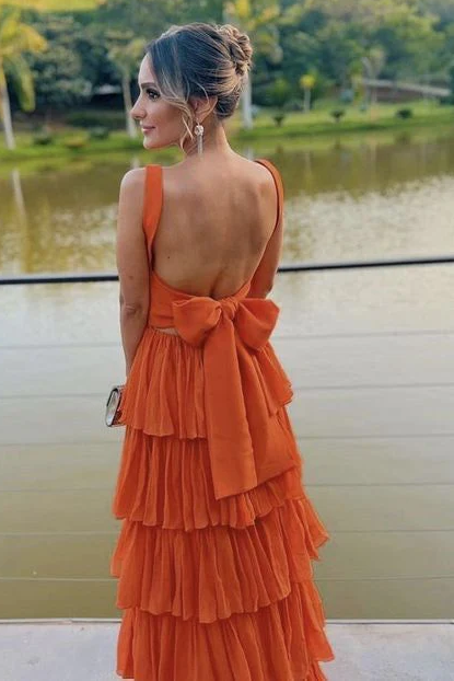 Elegant Straps Square Layered Sleeveless Long Prom Dresses
