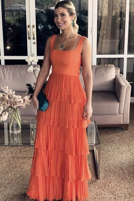 Elegant Straps Square Layered Sleeveless Long Prom Dresses Main image