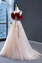 Elegant Straps Tulle with Velvet Red Long Prom Dress,Maxi Dresses