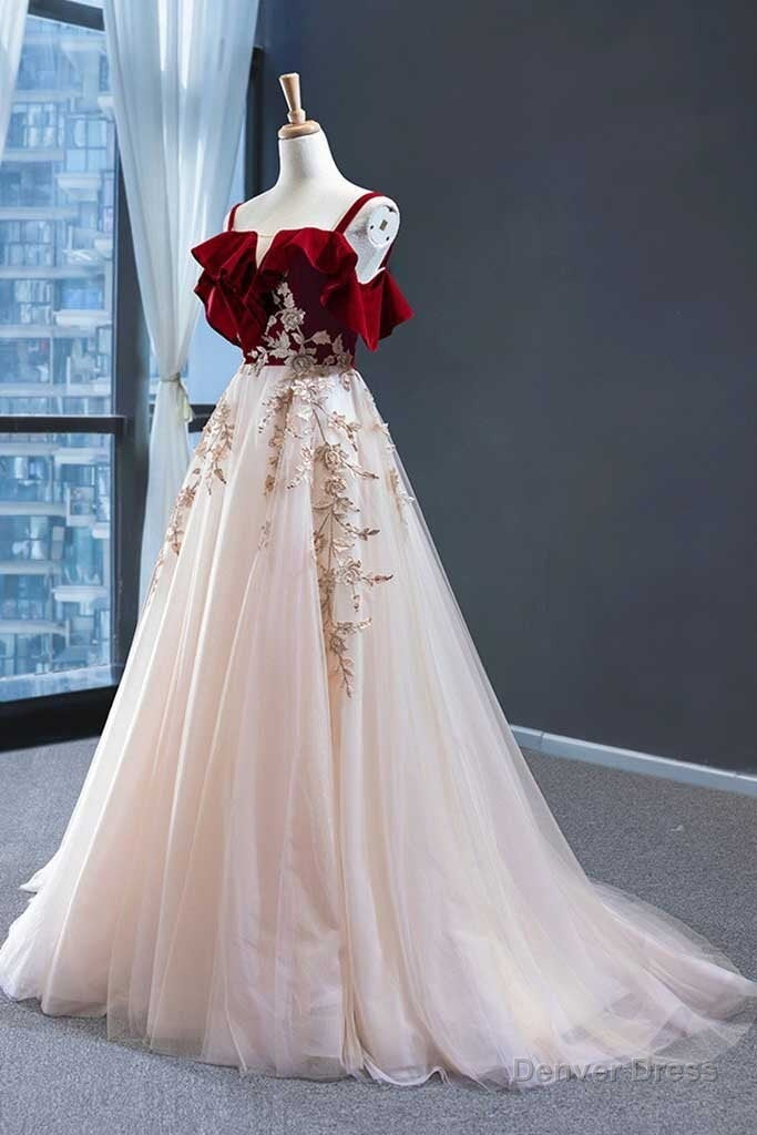 Elegant Straps Tulle with Velvet Red Long Prom Dress,Maxi Dresses