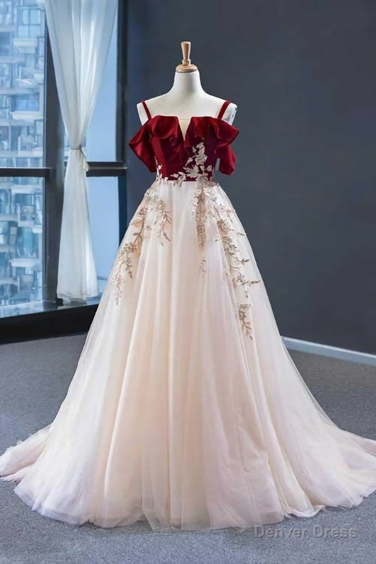 Elegant Straps Tulle with Velvet Red Long Prom Dress,Maxi Dresses