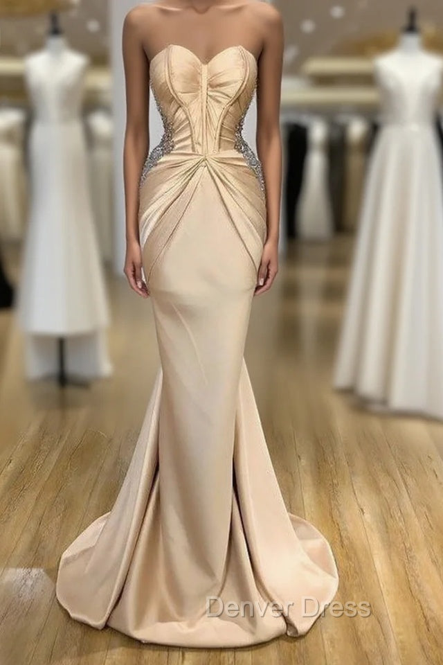 Elegant Sweetheart Champagne Prom Dresses Mermaid Long With Crystals Main image