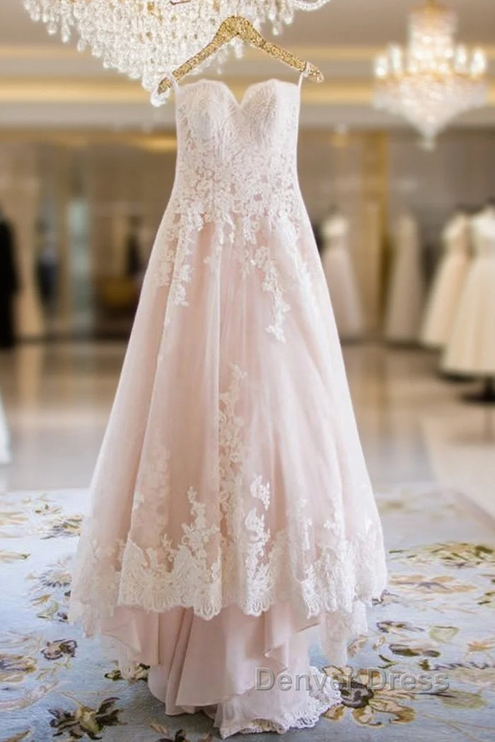 Elegant Sweetheart High Low Blush Wedding Dresses With White Lace