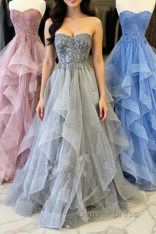 Elegant sweetheart tulle lace long prom Dress tulle Prom Dresses