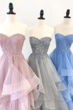 Elegant sweetheart tulle lace long prom Dress tulle Prom Dresses