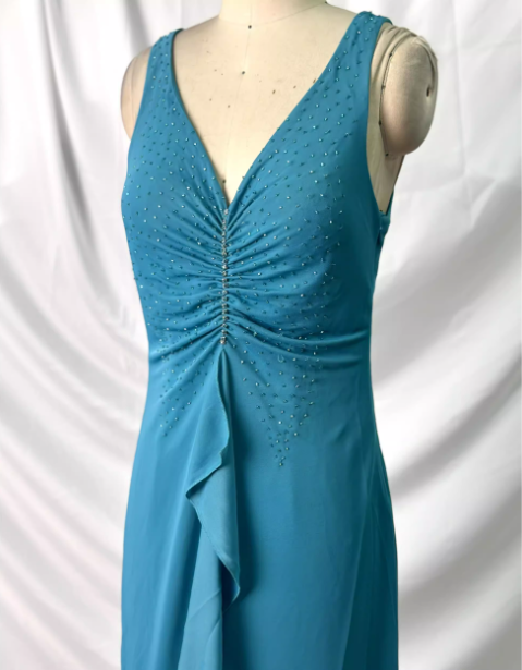 Elegant Teal Blue V-Neck Ruffled Beaded Chiffon Long Prom Dresses Evening Dresses Secondary image