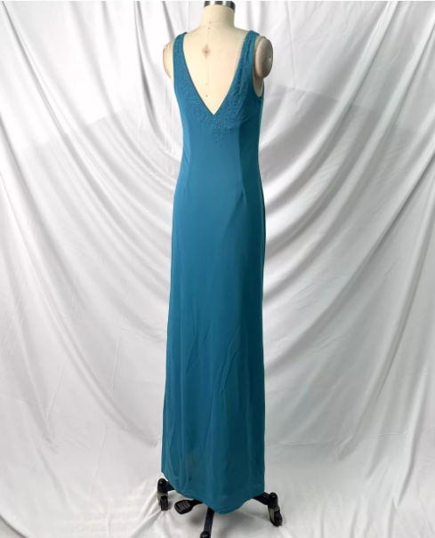 Elegant Teal Blue V-Neck Ruffled Beaded Chiffon Long Prom Dresses Evening Dresses