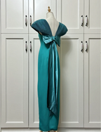 Elegant Teal Bow Fitted Satin Long Prom Dresses Evening Dresses