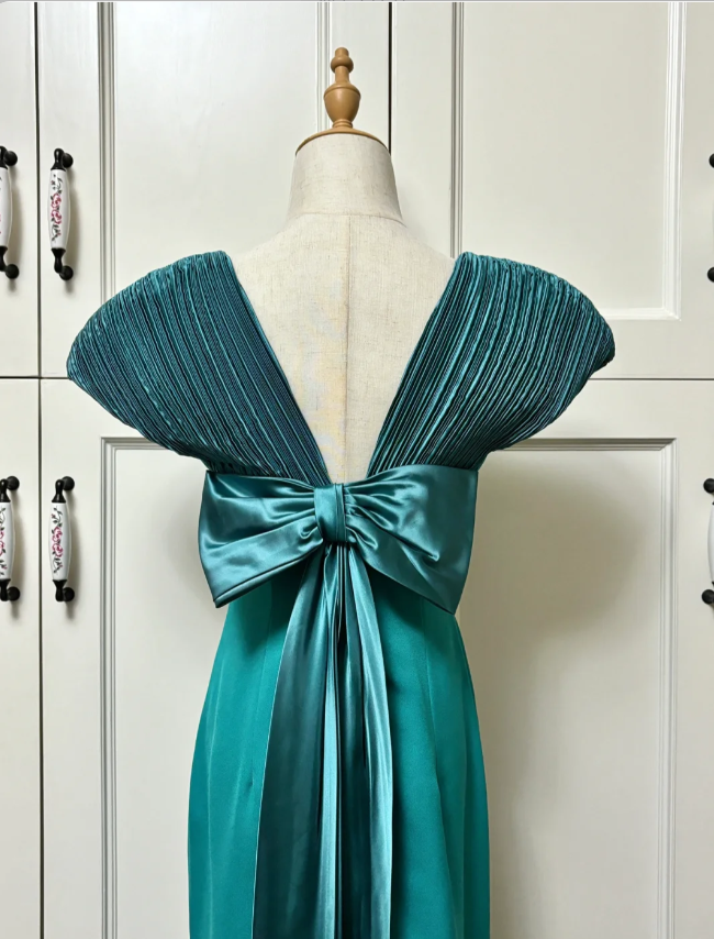 Elegant Teal Bow Fitted Satin Long Prom Dresses Evening Dresses