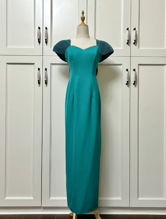 Elegant Teal Bow Fitted Satin Long Prom Dresses Evening Dresses