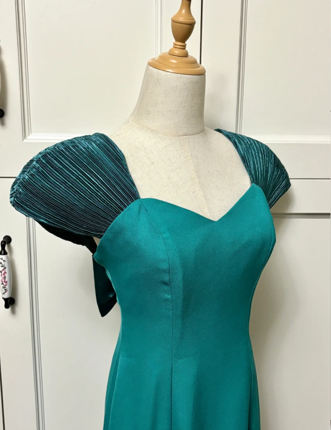 Elegant Teal Bow Fitted Satin Long Prom Dresses Evening Dresses