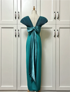 Elegant Teal Bow Fitted Satin Long Prom Dresses Evening Dresses