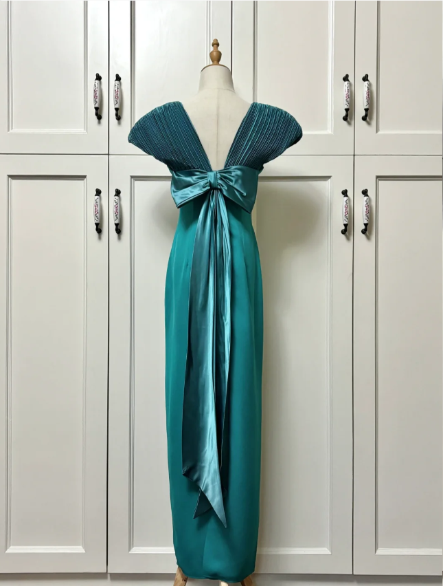Elegant Teal Bow Fitted Satin Long Prom Dresses Evening Dresses