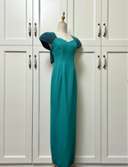 Elegant Teal Bow Fitted Satin Long Prom Dresses Evening Dresses