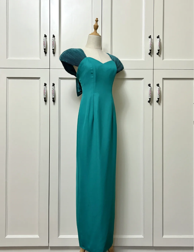 Elegant Teal Bow Fitted Satin Long Prom Dresses Evening Dresses
