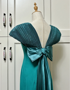 Elegant Teal Bow Fitted Satin Long Prom Dresses Evening Dresses