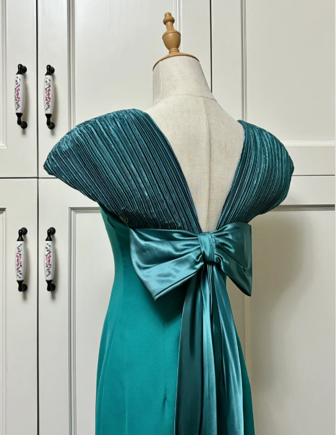 Elegant Teal Bow Fitted Satin Long Prom Dresses Evening Dresses