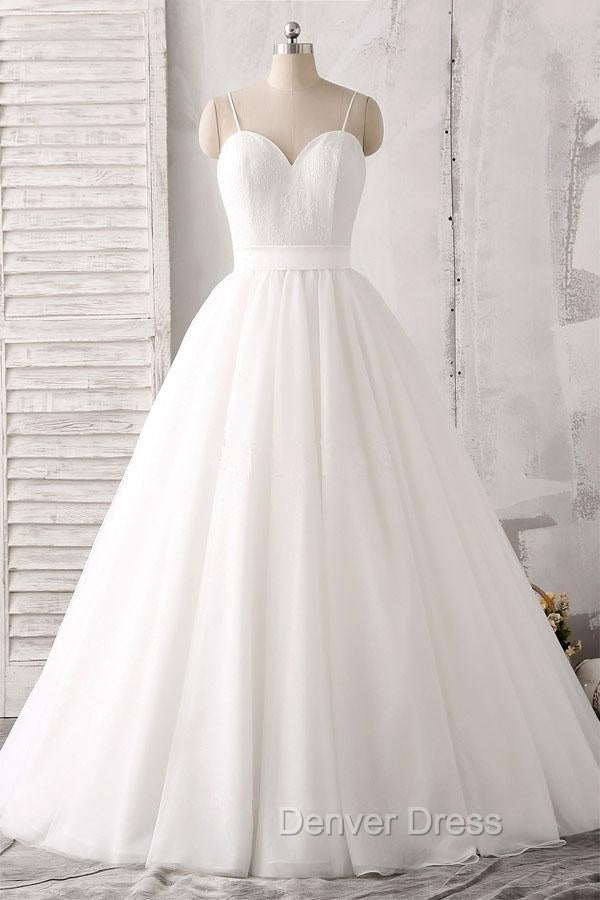 Elegant Thin Shoulder Straps Sweet Floor Mopping White Satin And Floor Length Wedding Dresses