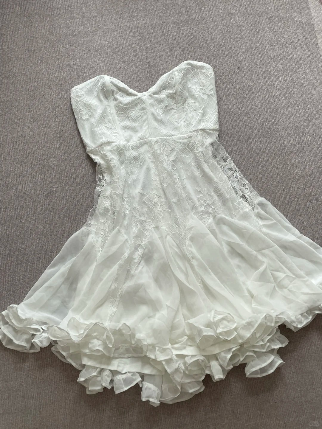 Elegant Tube Top White Lace Splicing Mesh A-Line 17Th Birthday Homecoming Dresses Secondary image