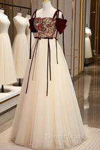 Elegant Tulle Embroidery Long Prom Dress, Cute Off the Shoulder Prom Dresses
