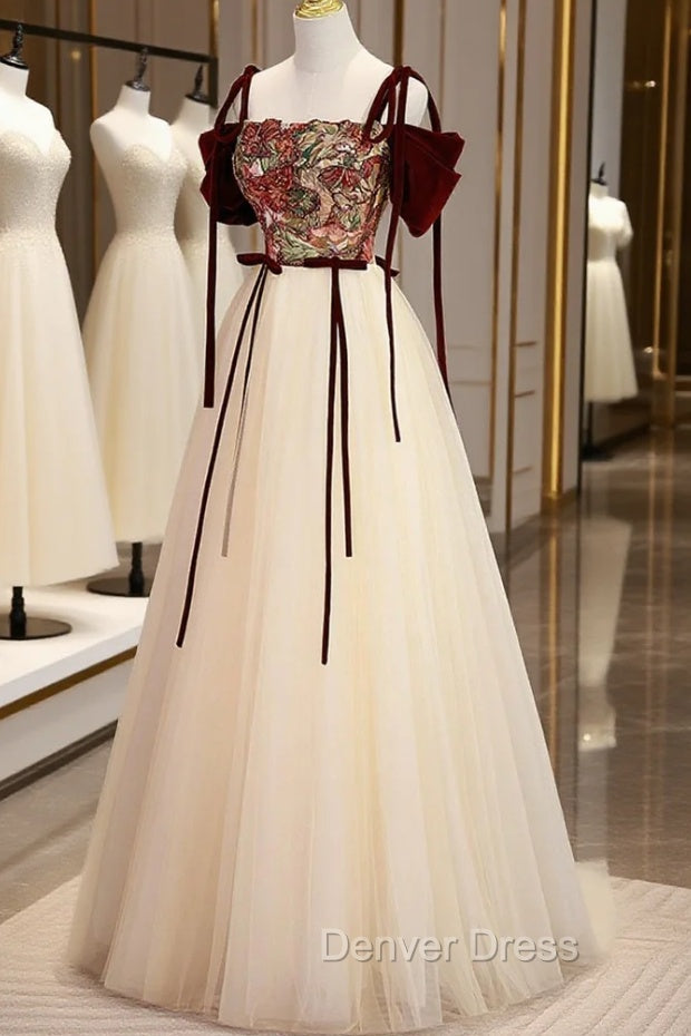 Elegant Tulle Embroidery Long Prom Dress, Cute Off the Shoulder Prom Dresses