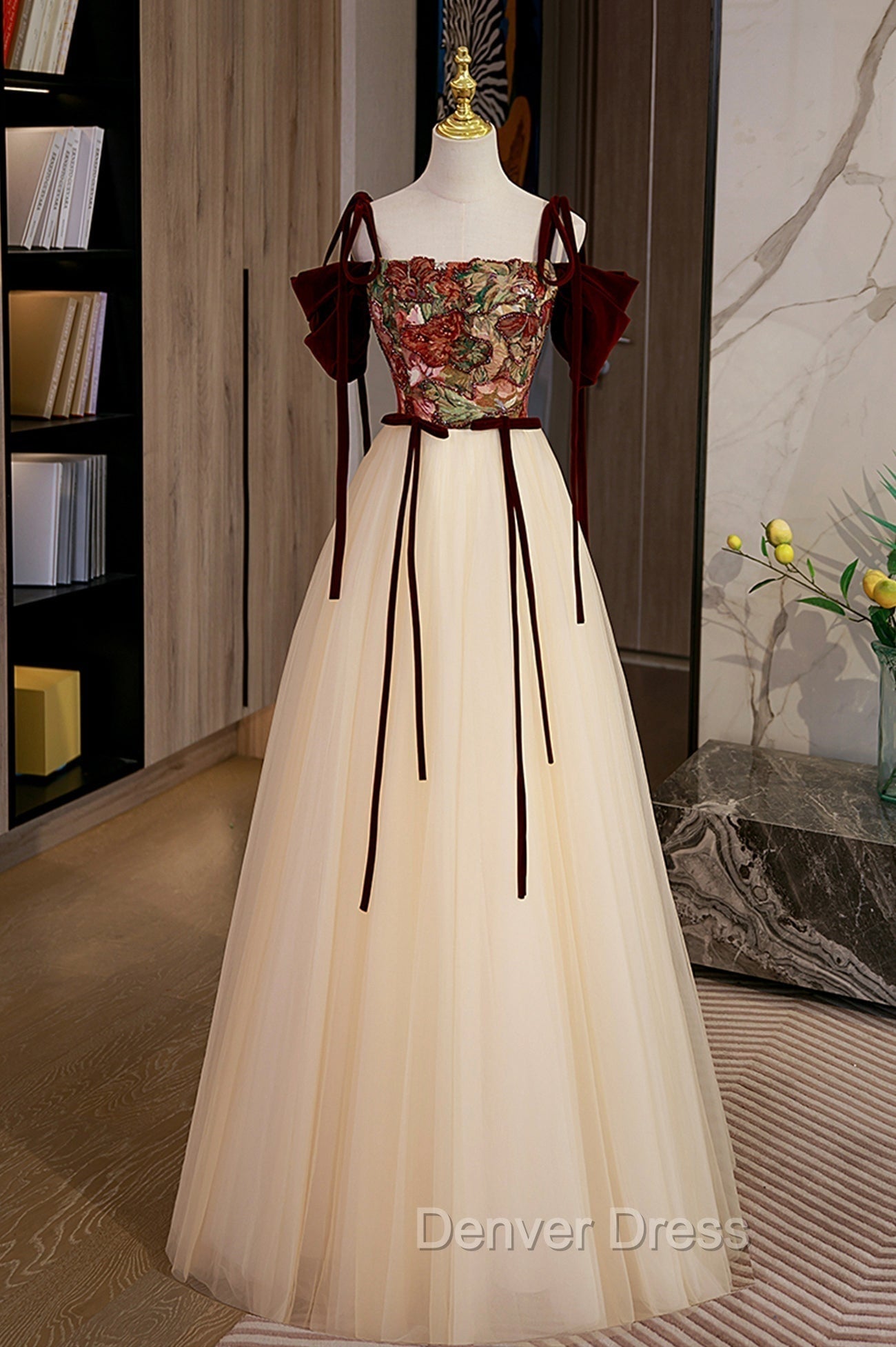 Elegant Tulle Embroidery Long Prom Dress, Cute Off the Shoulder Prom Dresses