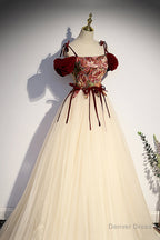 Elegant Tulle Embroidery Long Prom Dress, Off the Shoulder Prom Dresses