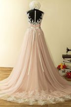 Elegant Tulle Lace Long Prom Dress, A Line Scoop Neckline Prom Dresses