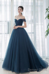 Elegant Tulle Long A-Line Prom Dress, Blue Off The Shoulder Evening Dress