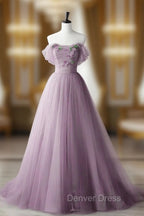 Elegant Tulle Long Party Dresses with Flowers, A-line Tulle Evening Dresses Prom Dresses